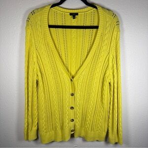 Talbots Plus Size 2X Women Neon Yellow Cardigan Open Knit Spring 100% Cotton